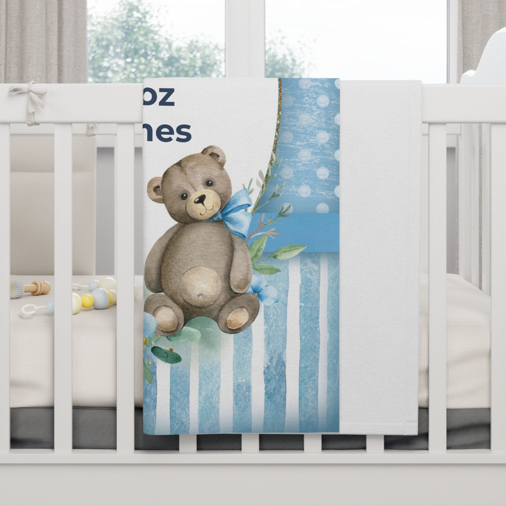 Personalized Birth Stats Blue Teddy Bear Baby Blanket