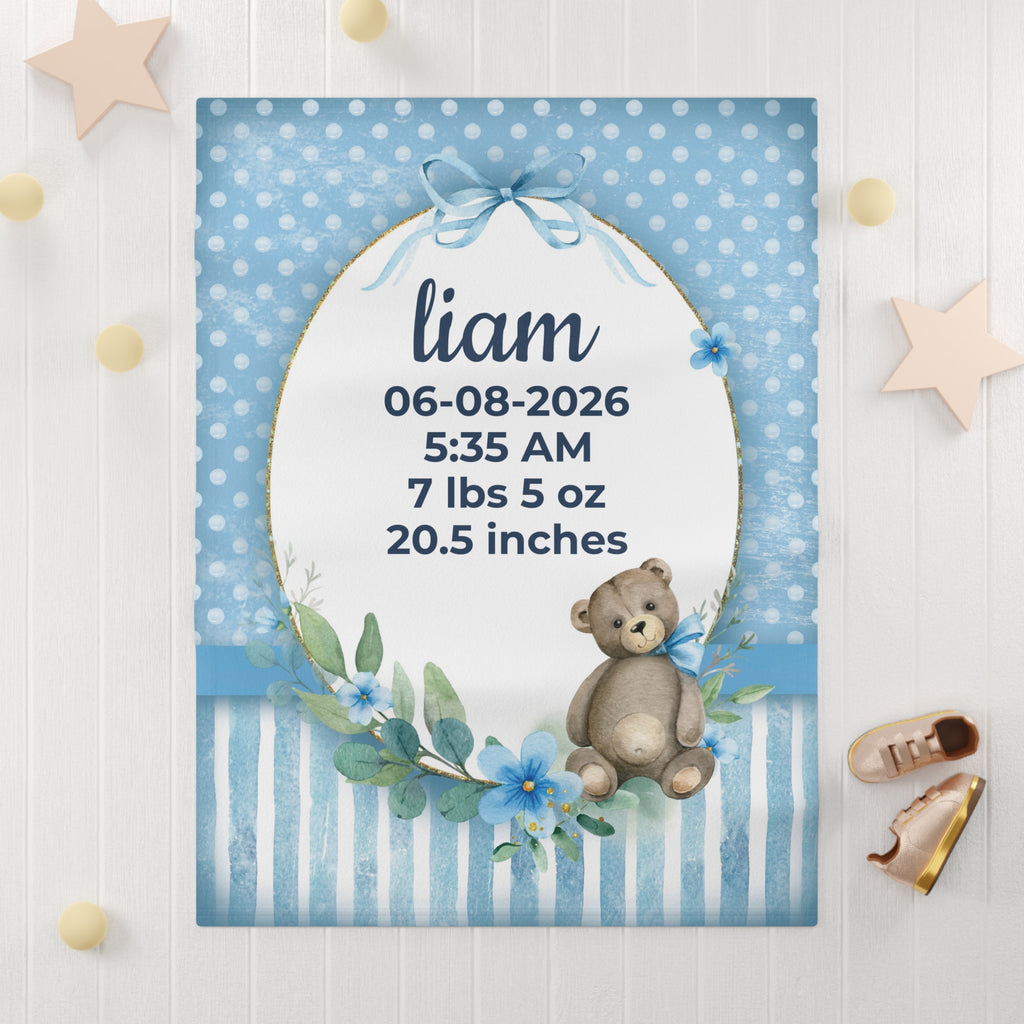 Personalized Birth Stats Blue Teddy Bear Baby Blanket