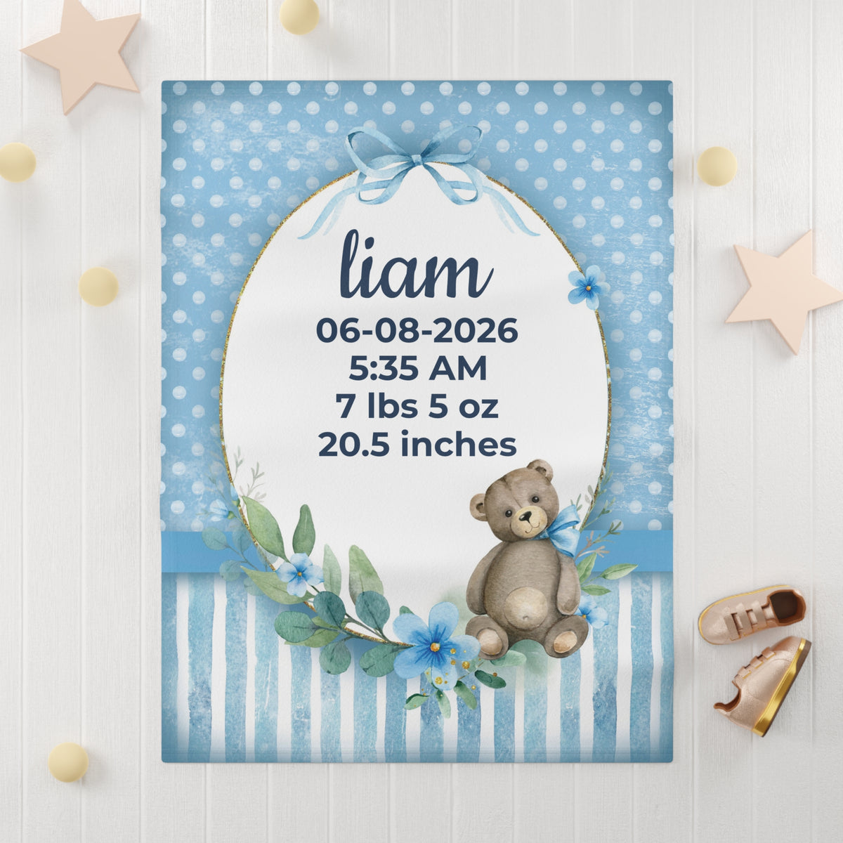 Personalized Birth Stats Blue Teddy Bear Baby Blanket