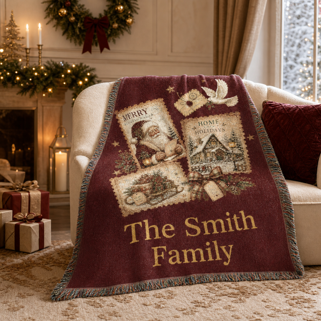 Personalized Family Christmas Stamps Blanket