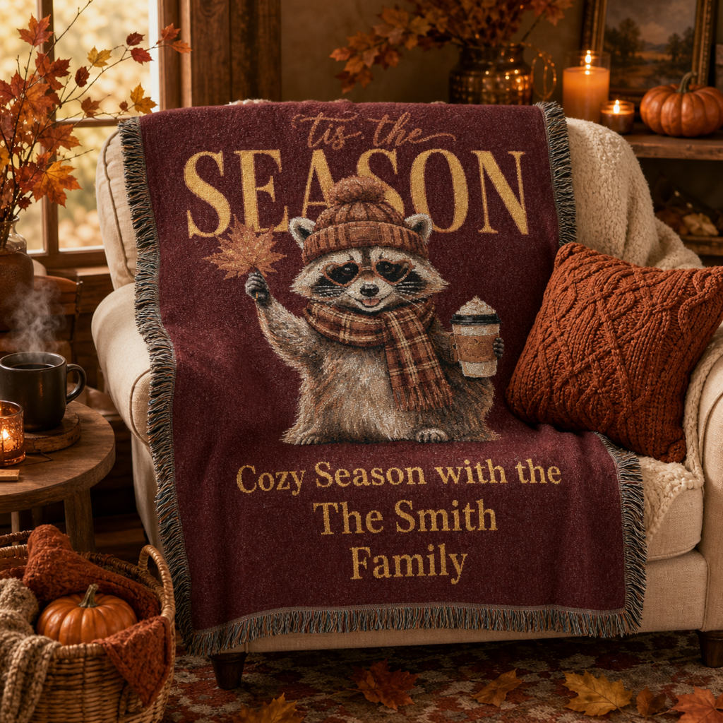 Personalized 'Tis the Season Raccoon Family Blanket