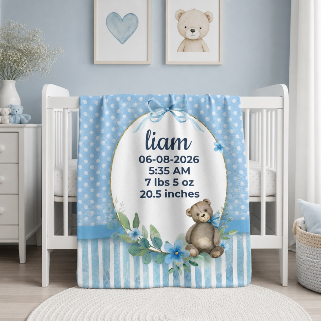 Personalized Birth Stats Blue Teddy Bear Baby Blanket