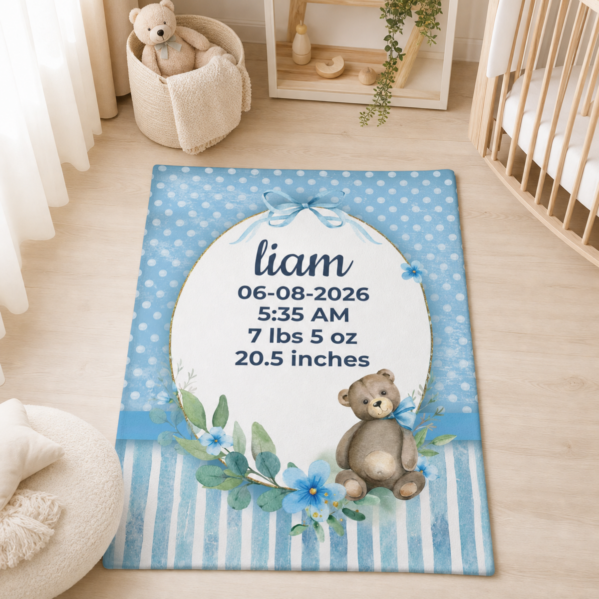 Personalized Birth Stats Blue Teddy Bear Baby Blanket