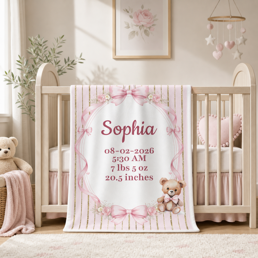 Personalized Birth Stats Pink Gold Baby Blanket