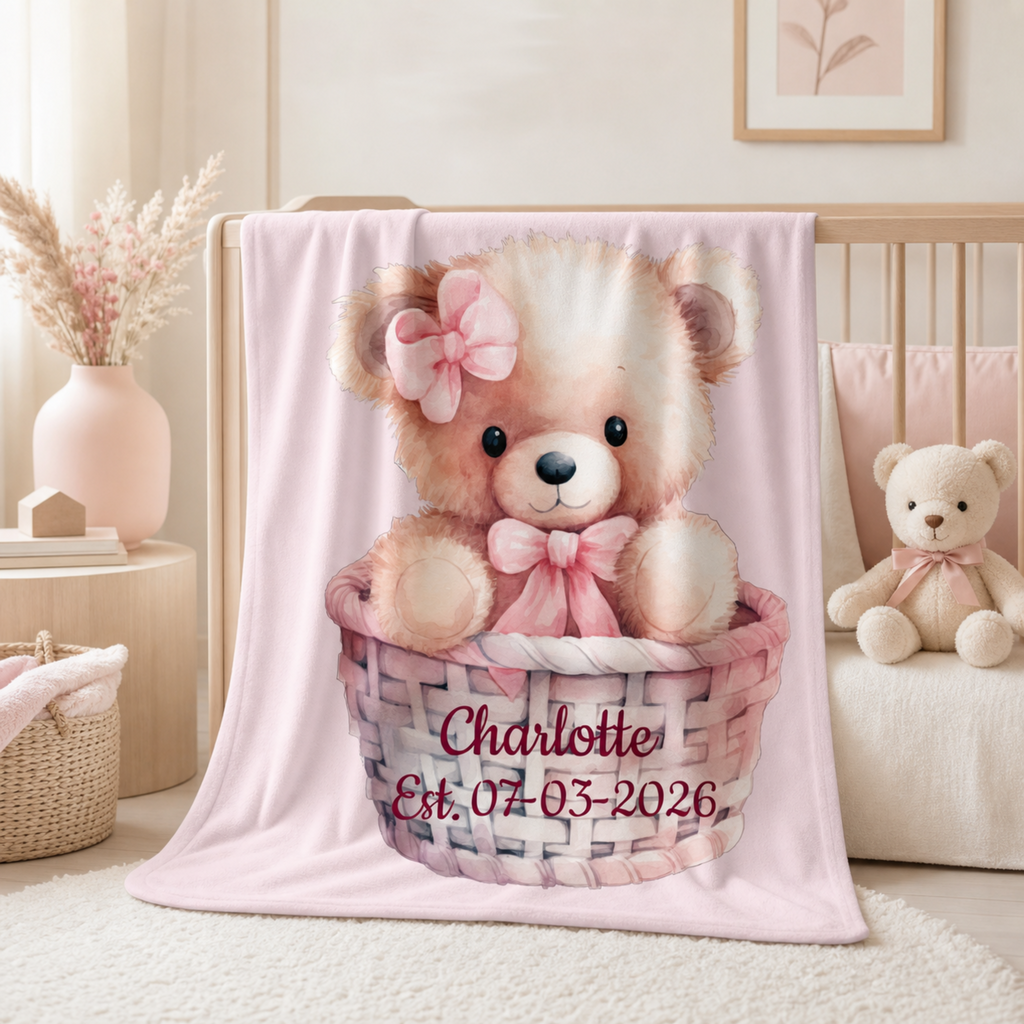 Personalized Birth Announcement Teddy Bear Baby Blanket