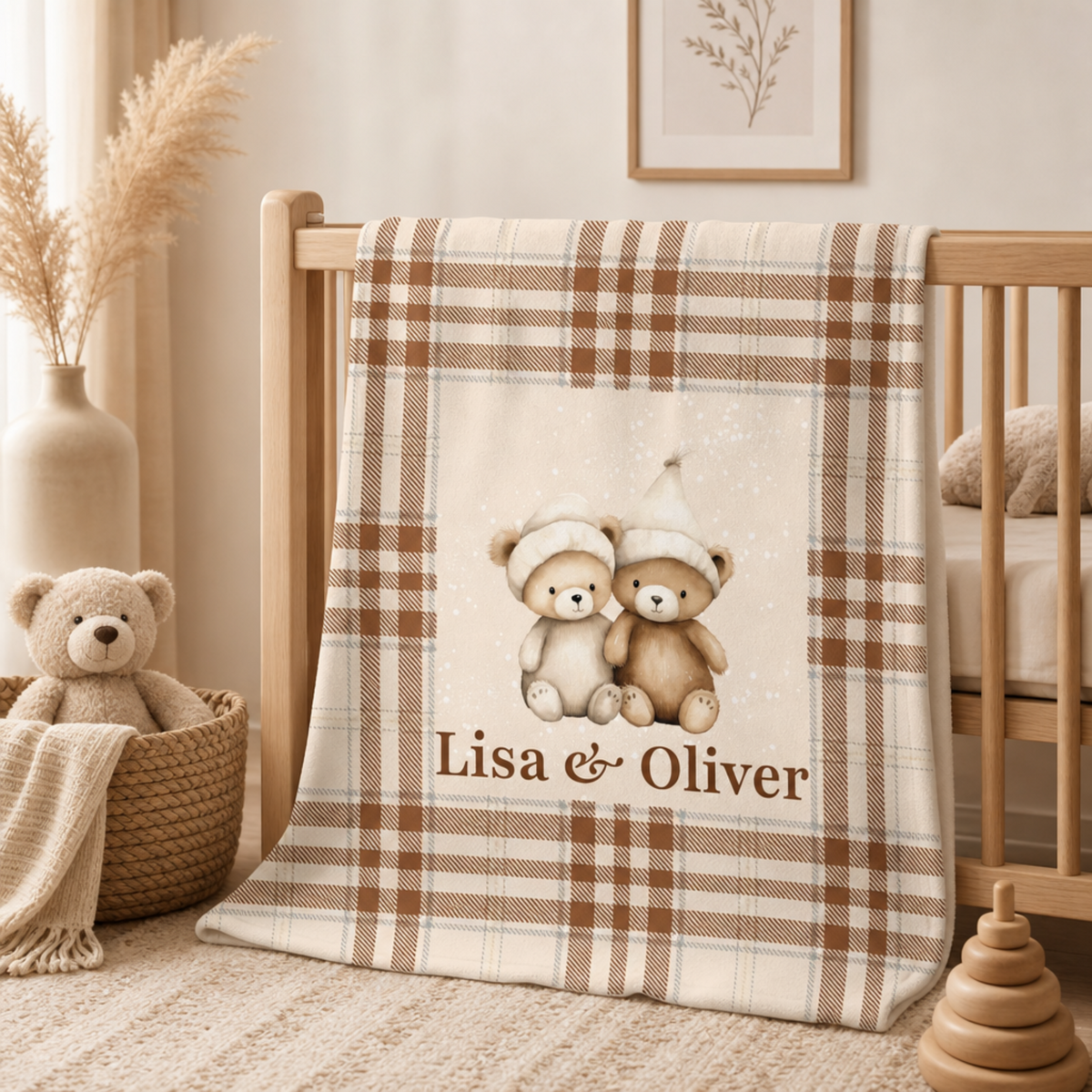 Personalized Twin Teddy Bear Baby Blanket