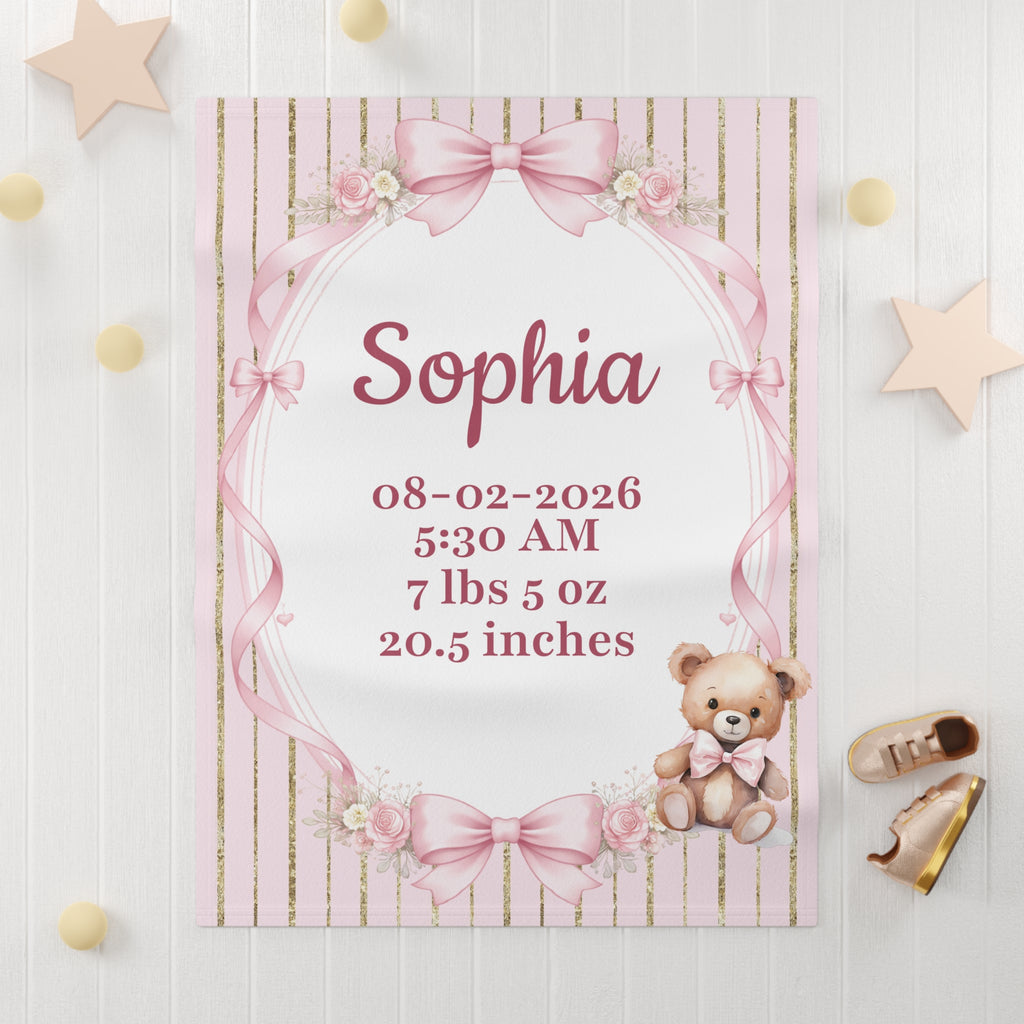 Personalized Birth Stats Pink Gold Baby Blanket