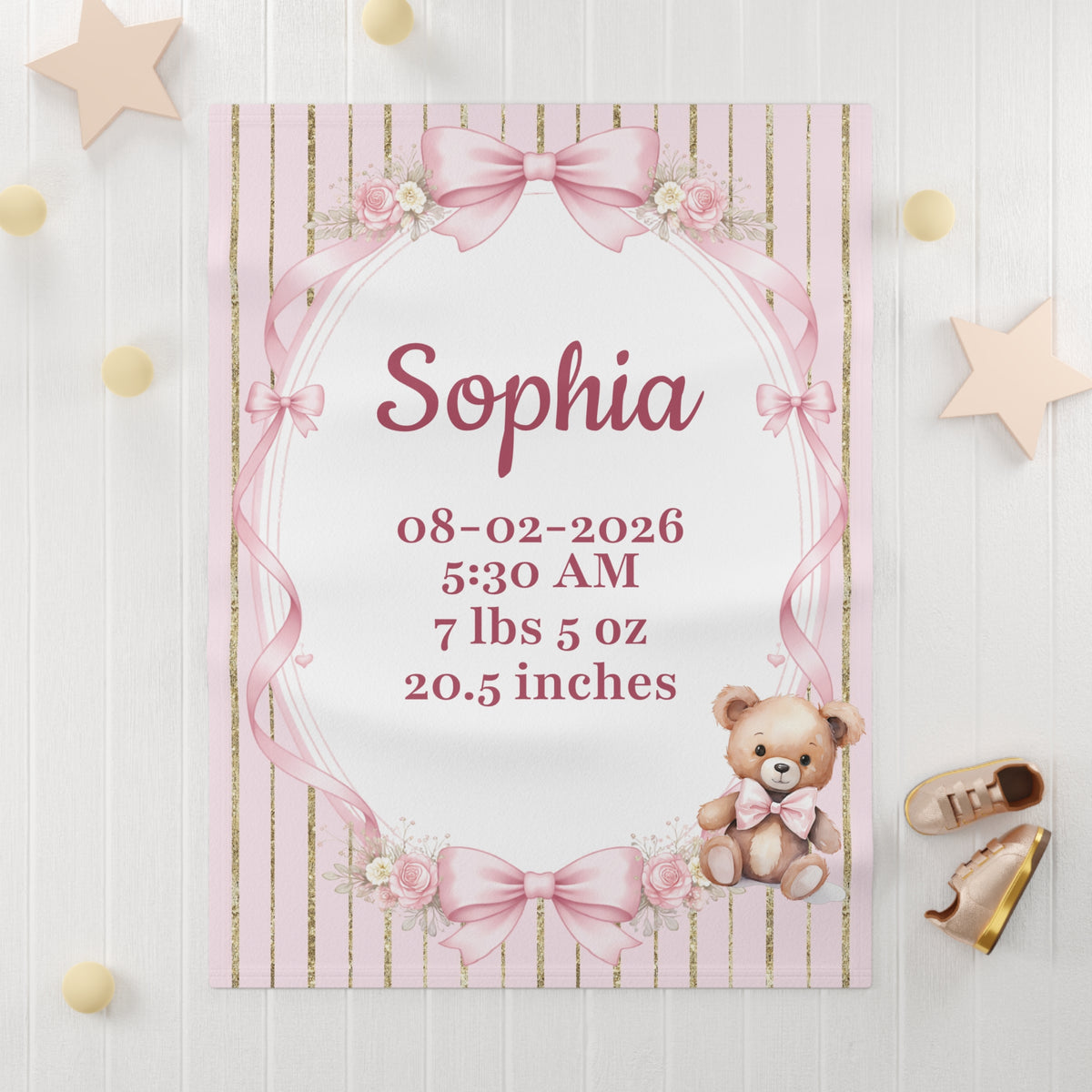 Personalized Birth Stats Pink Gold Baby Blanket