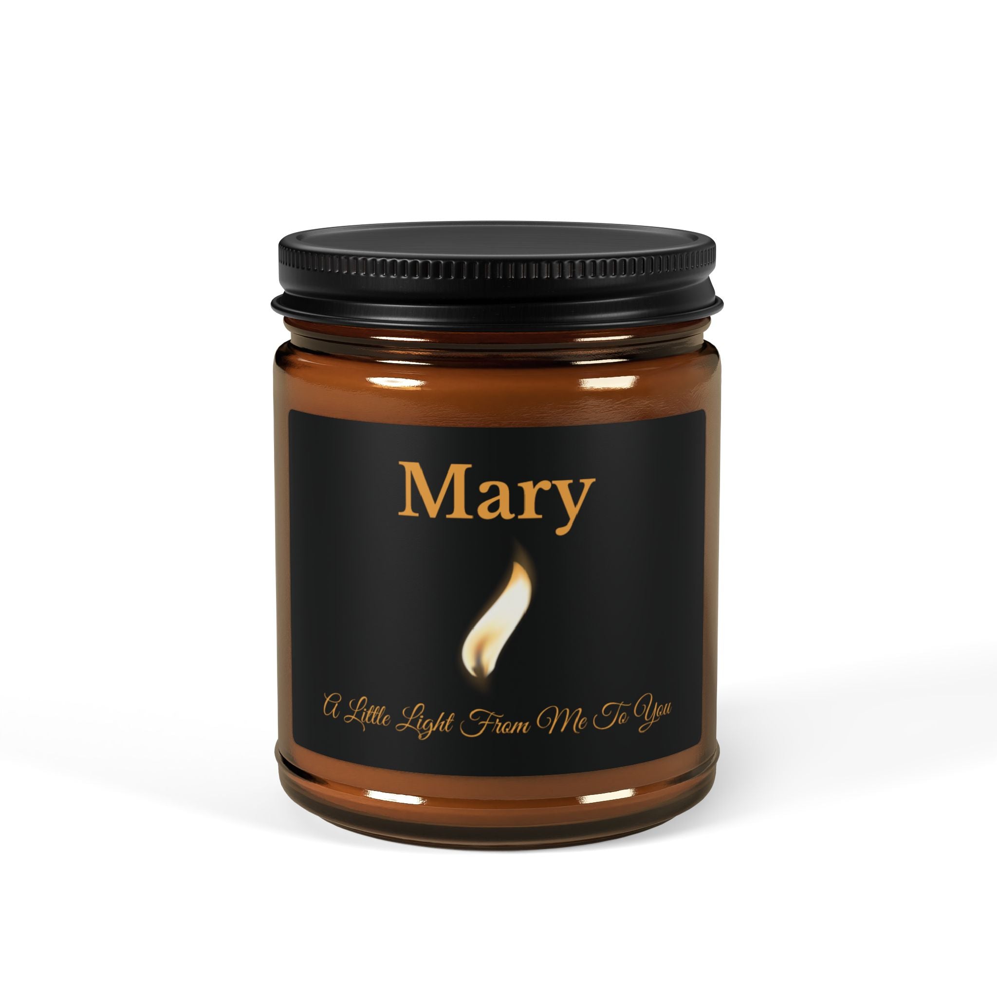 Personalised amber glass soy candle with name Mary and A Little Light From Me To You message