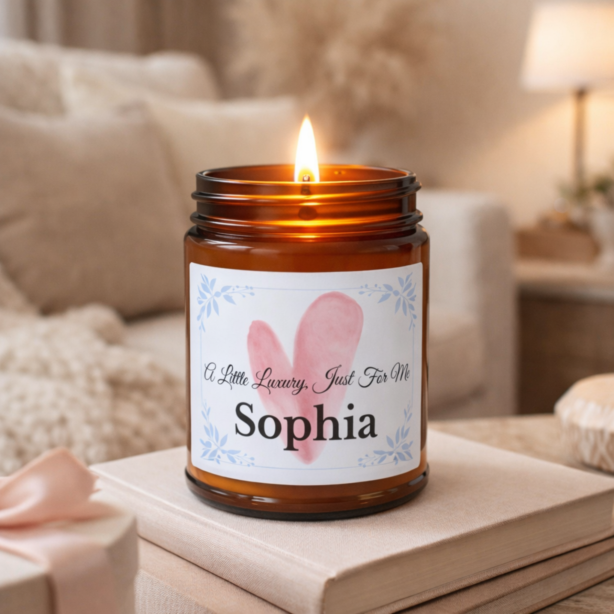 Personalised self-care soy candle 4oz and 9oz amber glass jar size comparison