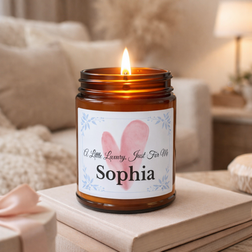 Personalised self-care soy candle 4oz and 9oz amber glass jar size comparison