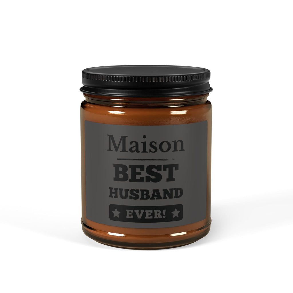 Personalised husband candle in amber jar – Best Husband Ever, charcoal label with bold star typography