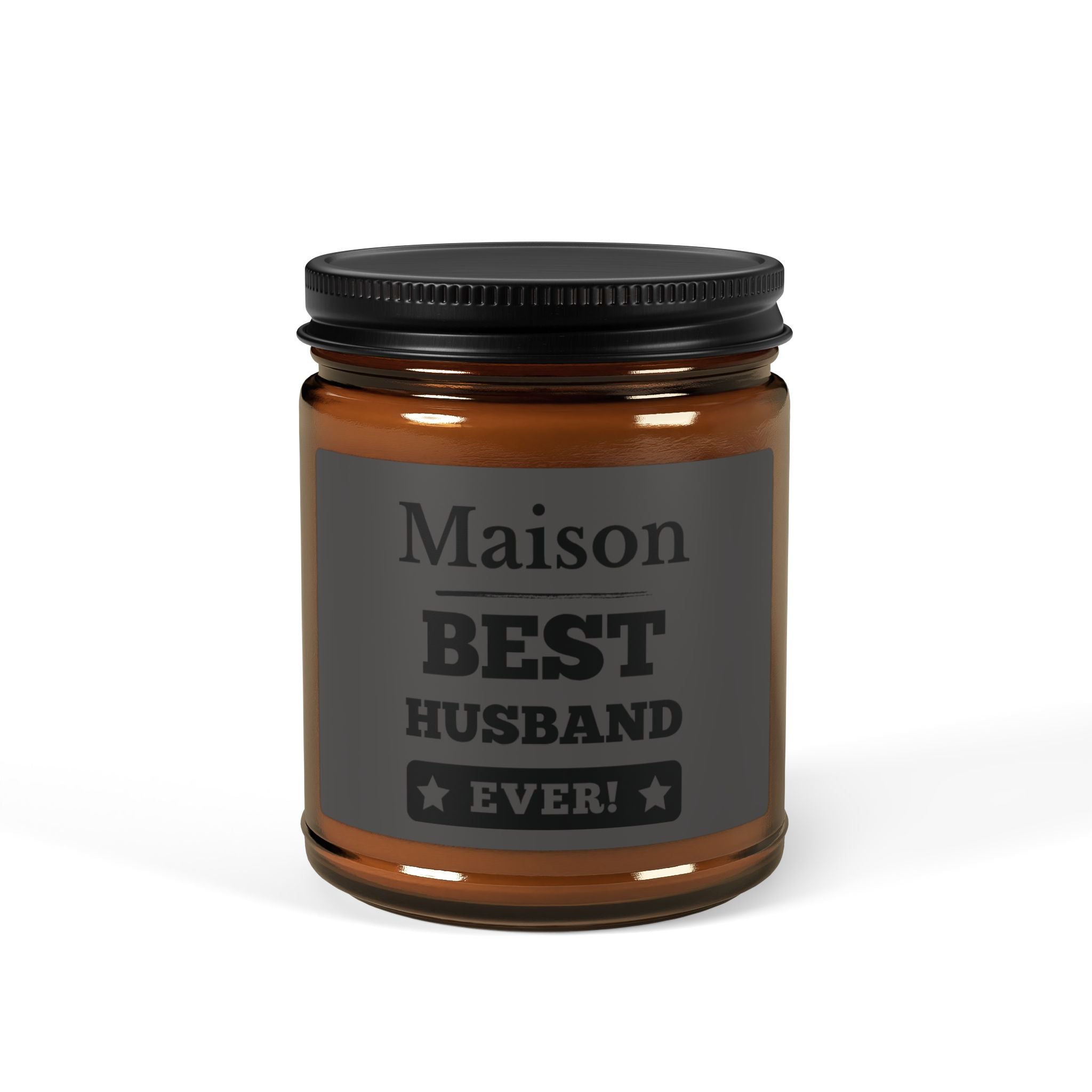 Personalised husband candle in amber jar – Best Husband Ever, charcoal label with bold star typography
