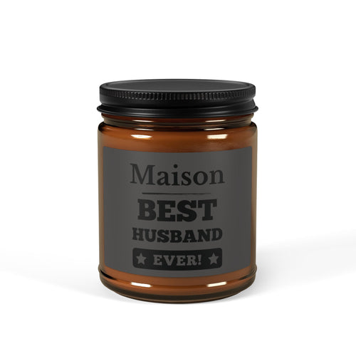 Personalised husband candle in amber jar – Best Husband Ever, charcoal label with bold star typography