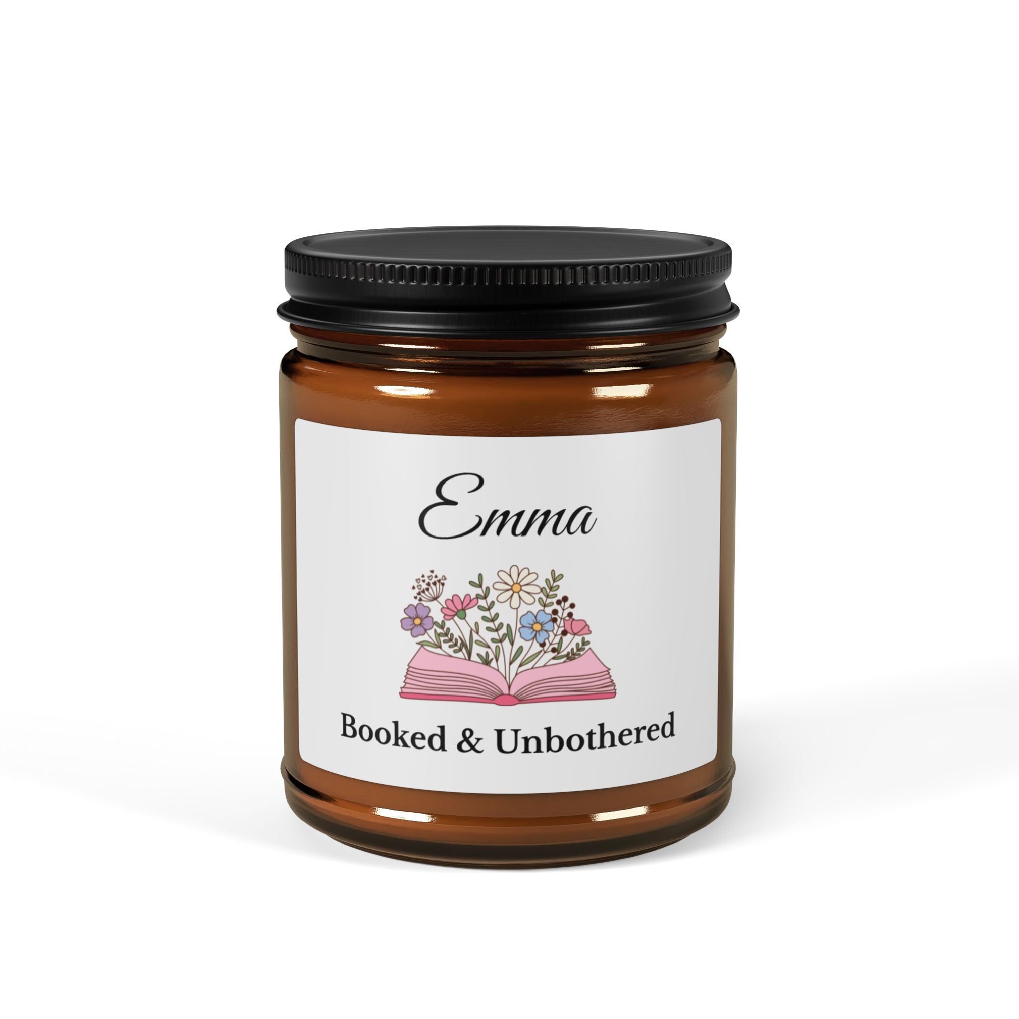 Personalised amber glass soy candle with name Emma and Booked and Unbothered book design