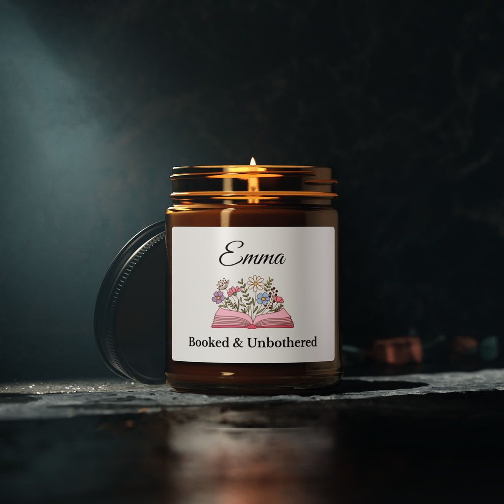 Book lover candle displayed on a reading nook shelf