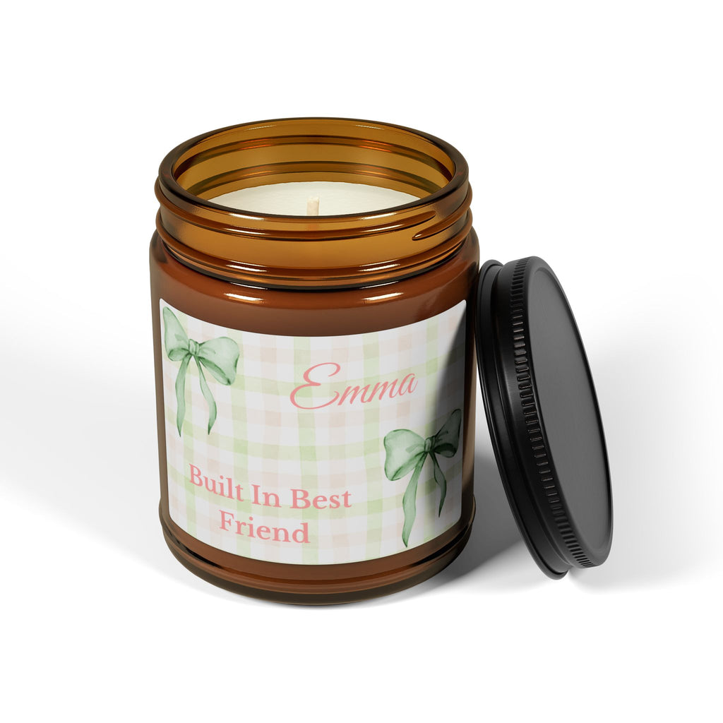 Close-up of green gingham candle label with watercolour ribbon bows and personalised name