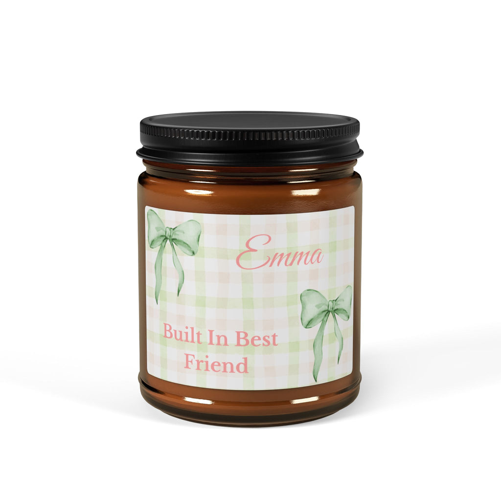 Personalised best friend candle in amber jar – Built In Best Friend, green gingham with ribbon bows