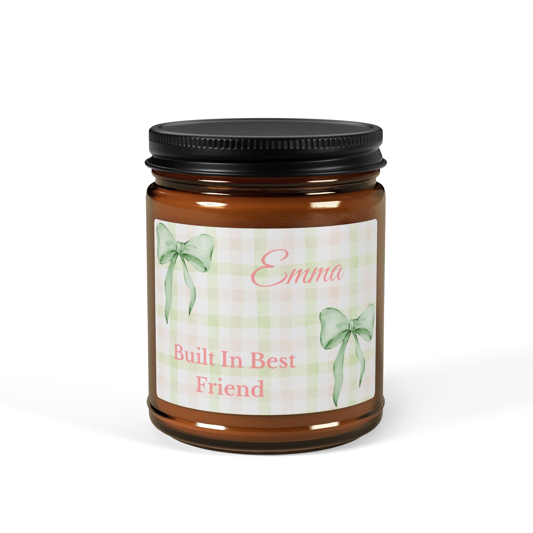 Personalised best friend candle in amber jar – Built In Best Friend, green gingham with ribbon bows