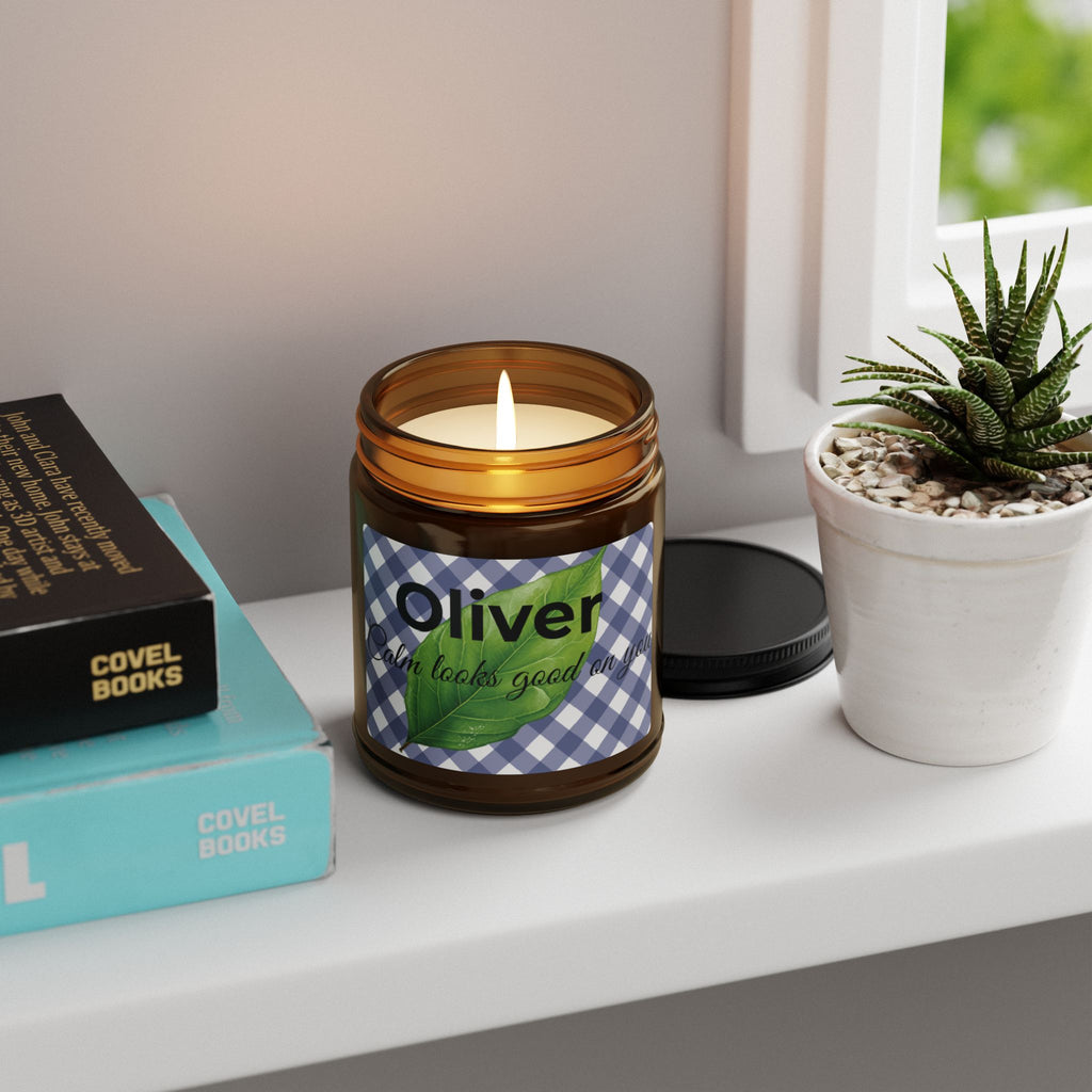 Personalised gift candle for him on wooden surface – birthday or Father's Day gift