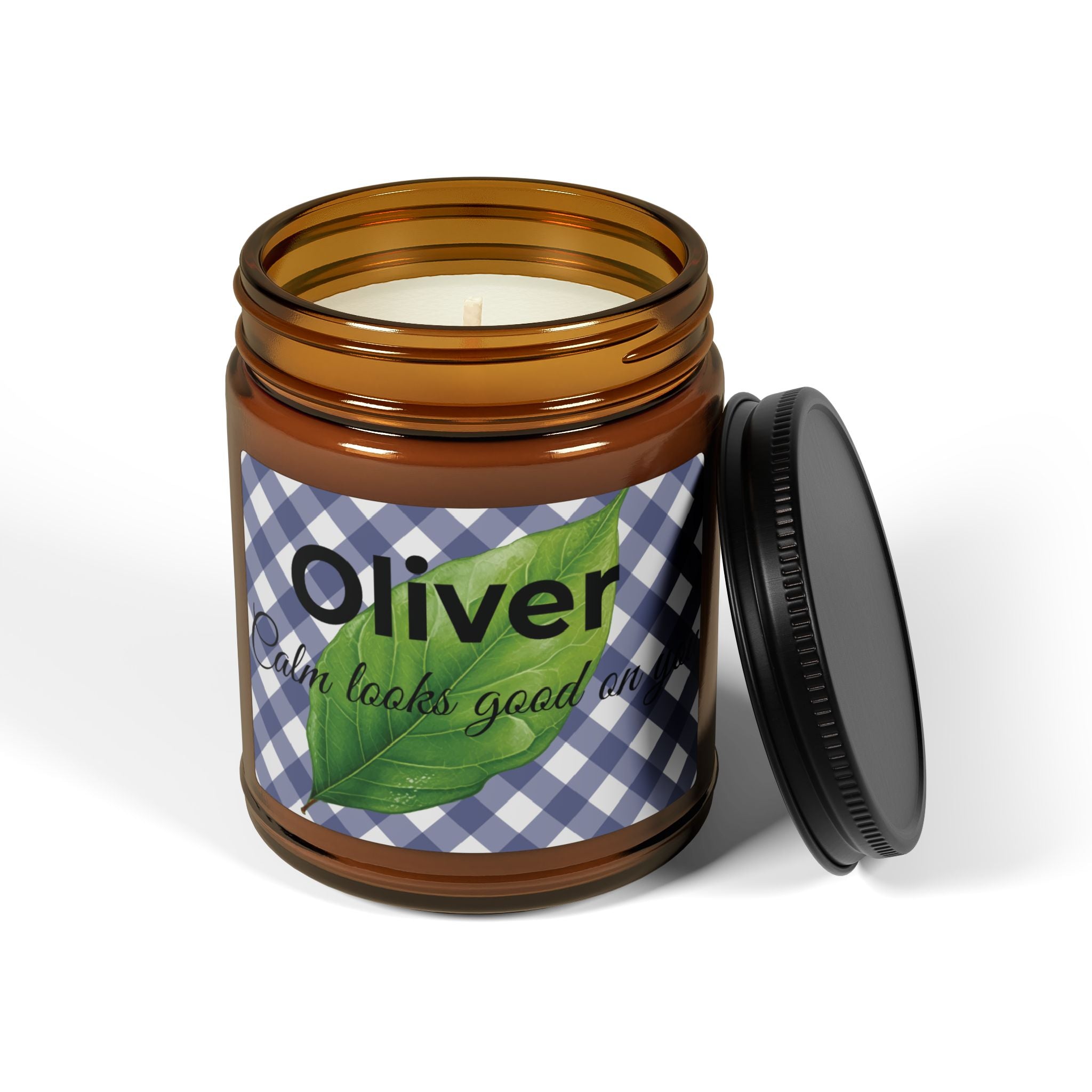 Personalised candle for him lifestyle shot – calm looks good on you amber jar candle
