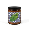 Personalised soy candle in amber jar – Calm Looks Good On You, blue gingham label with leaf