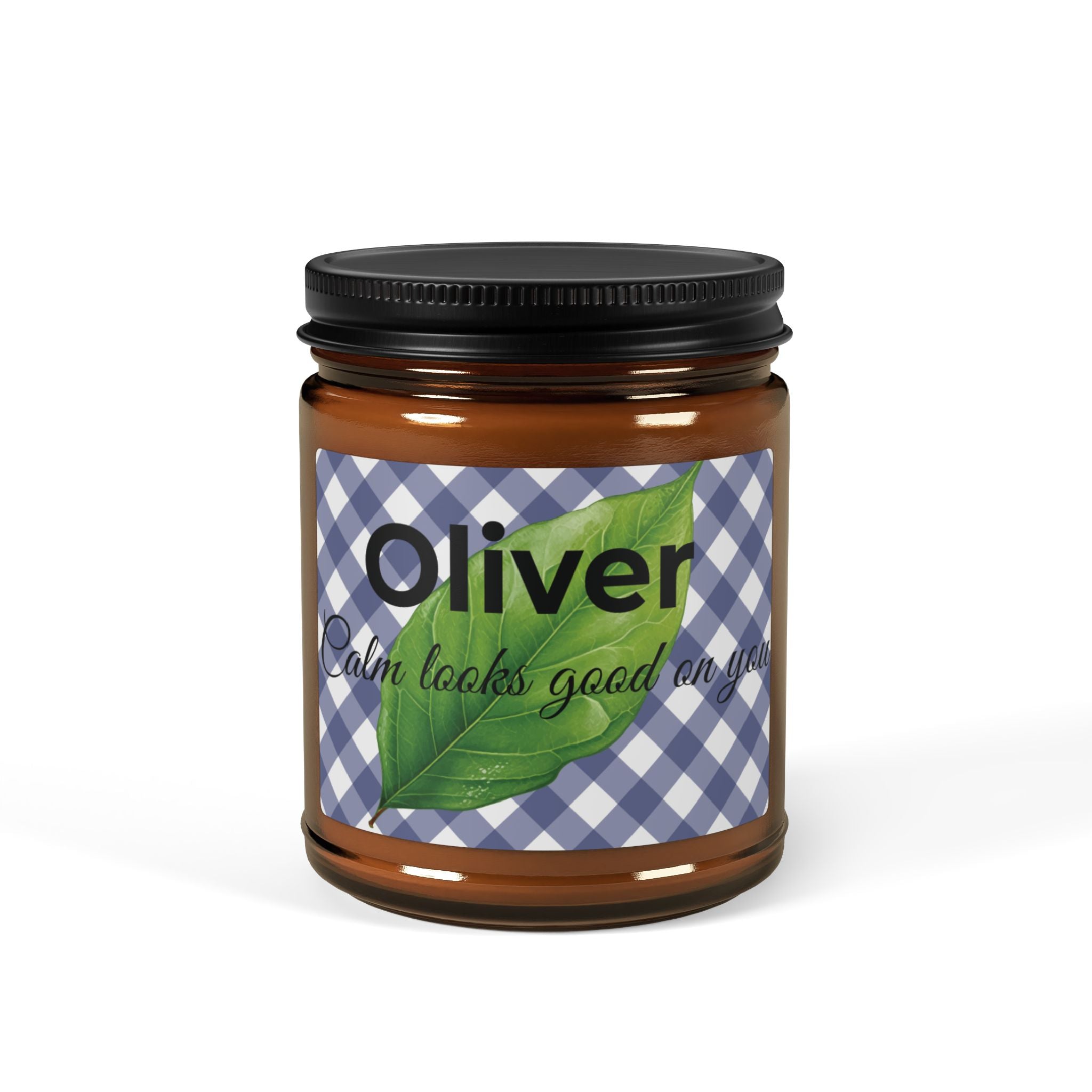 Personalised soy candle in amber jar – Calm Looks Good On You, blue gingham label with leaf