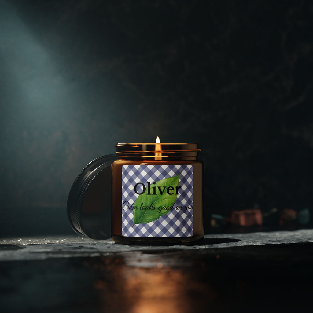 Personalised calm candle in natural home setting – wellness gift for him