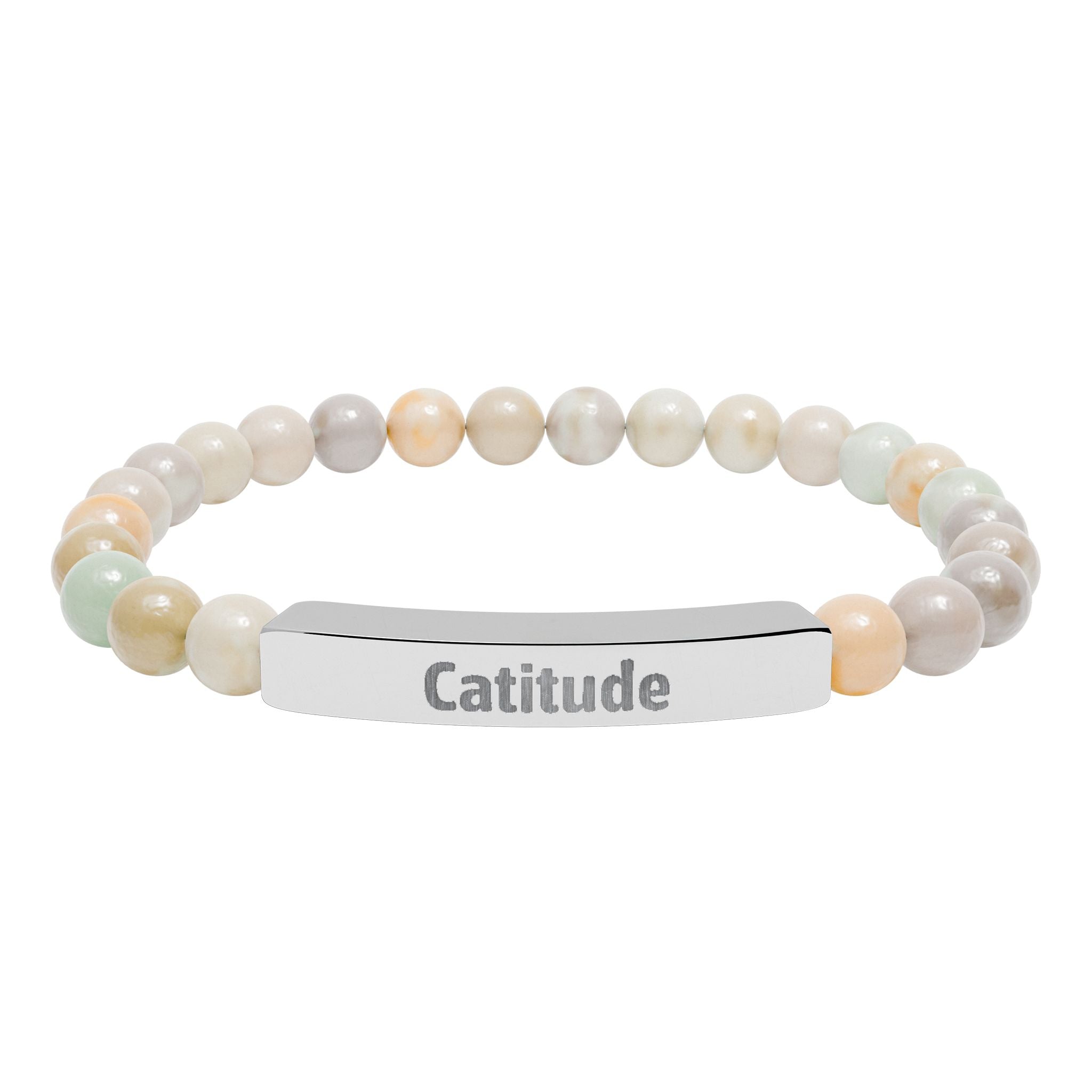 Engraved bar bracelet with natural stone beads reading Catitude