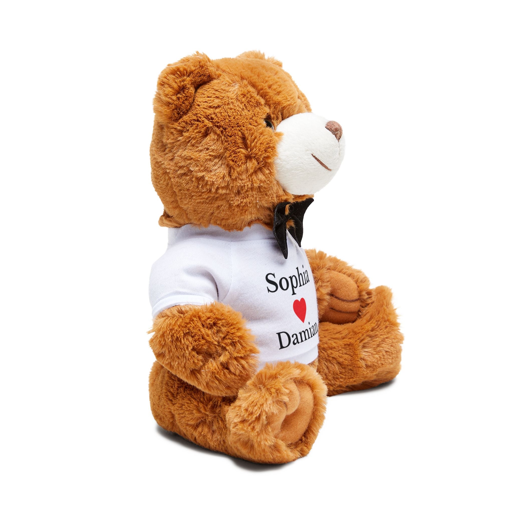 Couples keepsake teddy bear seated on a bedroom shelf