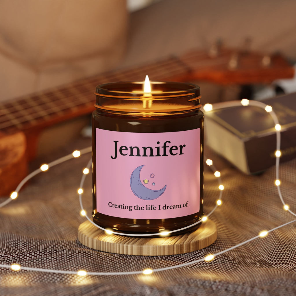 Close-up of the crescent moon and stars design on the candle label