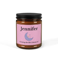 Personalised amber glass soy candle with name Jennifer and Creating The Life I Dream Of design