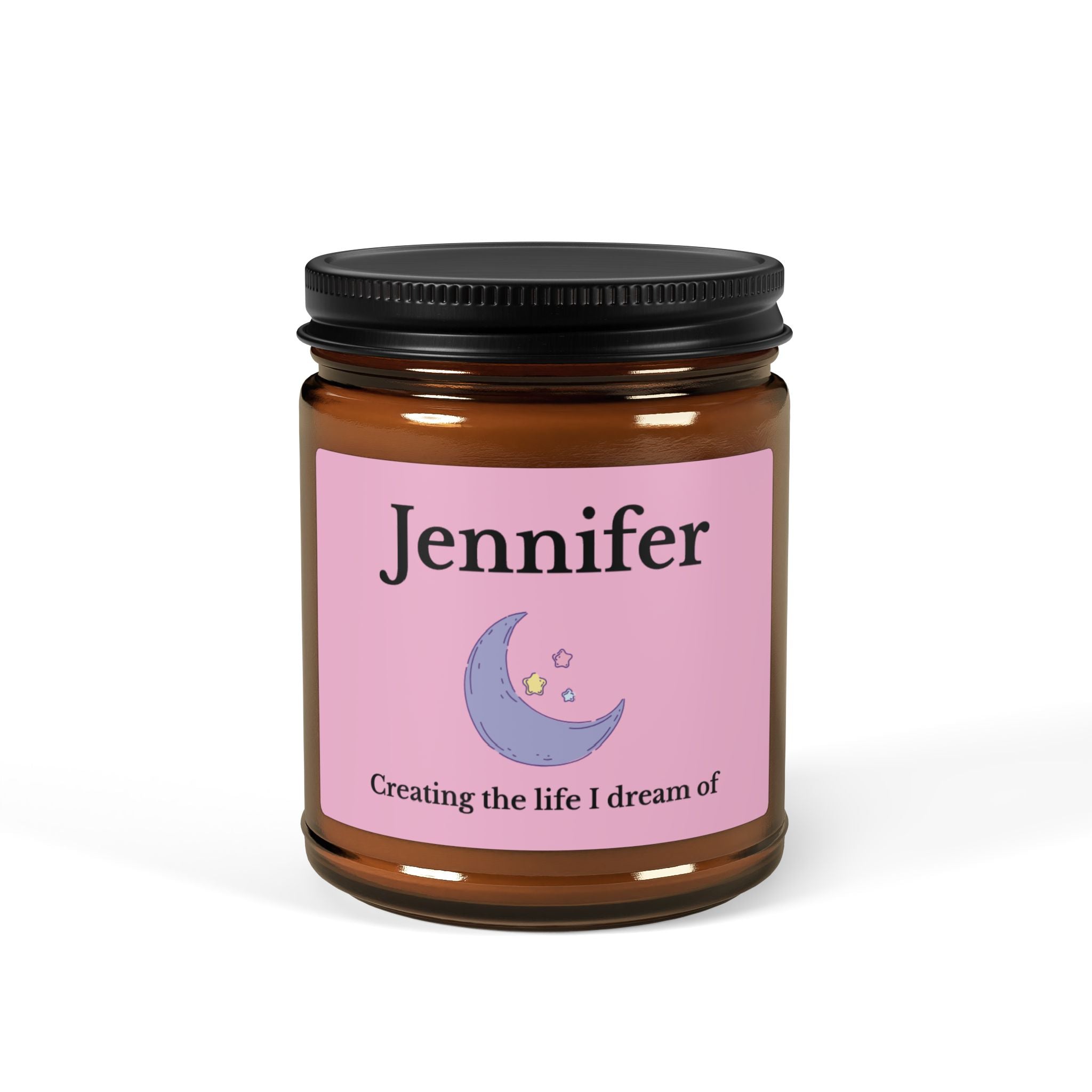 Personalised amber glass soy candle with name Jennifer and Creating The Life I Dream Of design