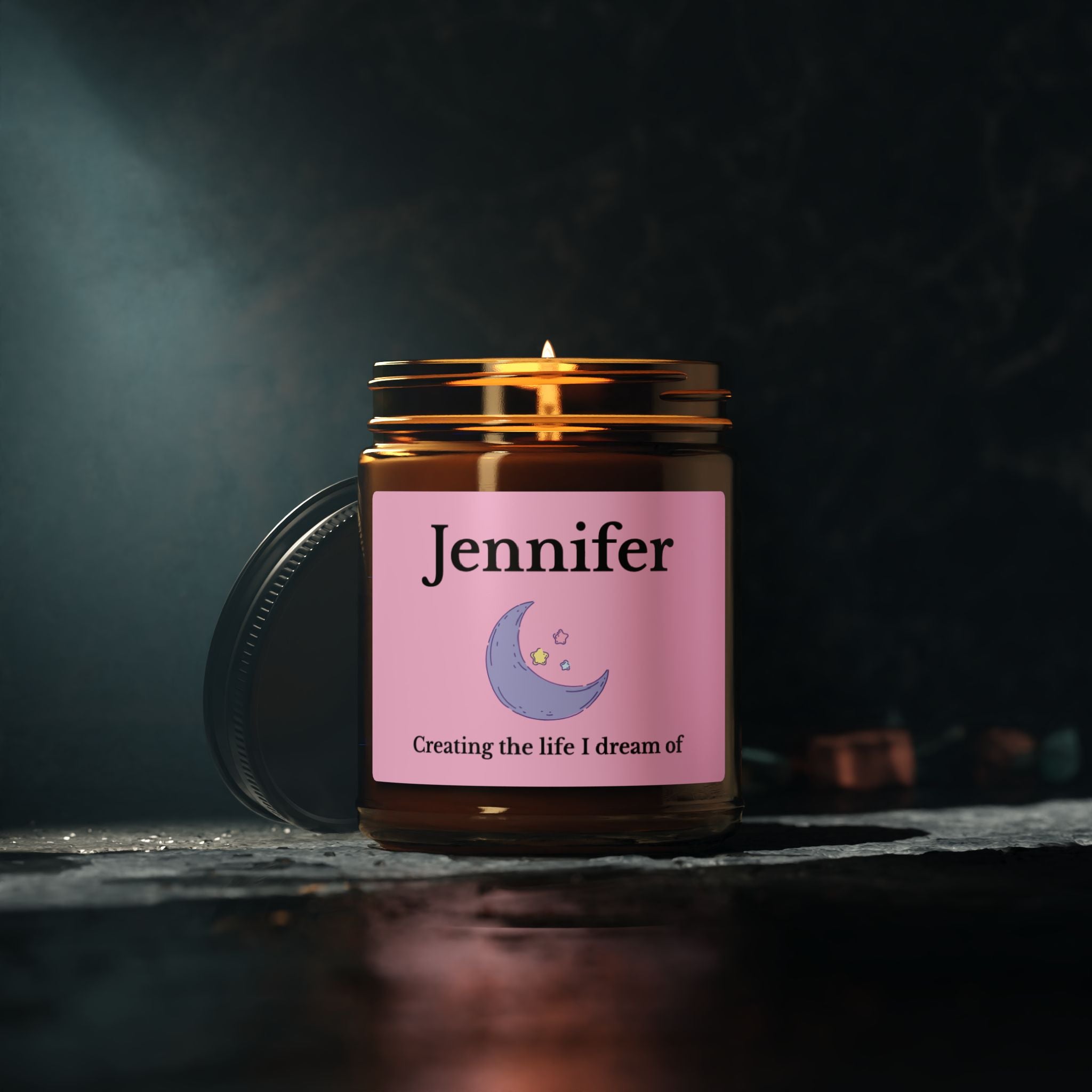 Personalised self-care candle displayed on a vanity table