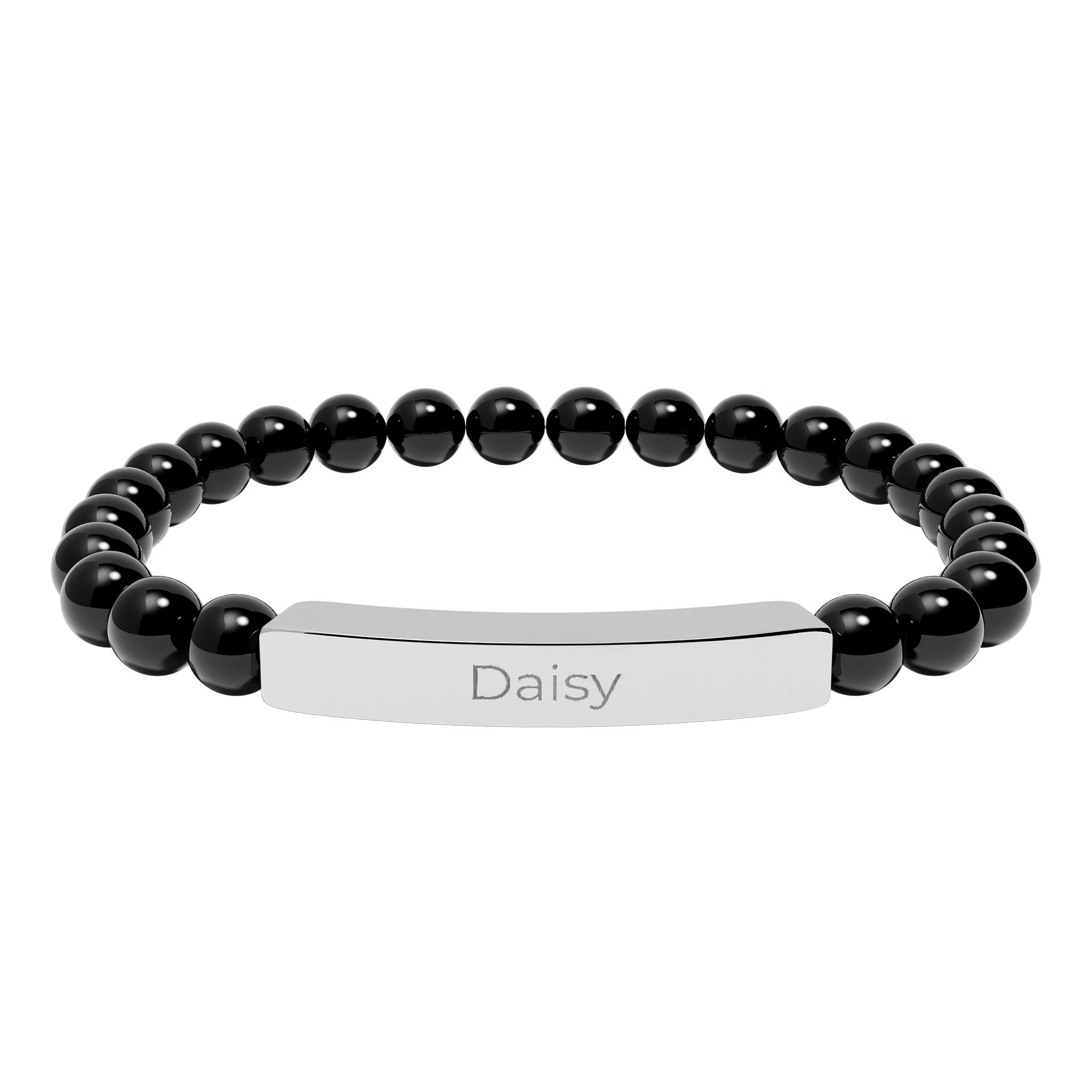 Close-up of the engraved stainless steel bar on the bracelet