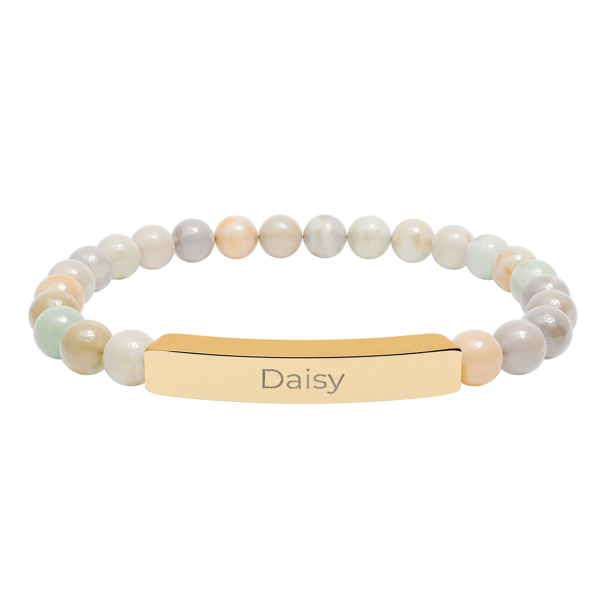 Daisy name bracelet displayed on a flat surface with beads visible
