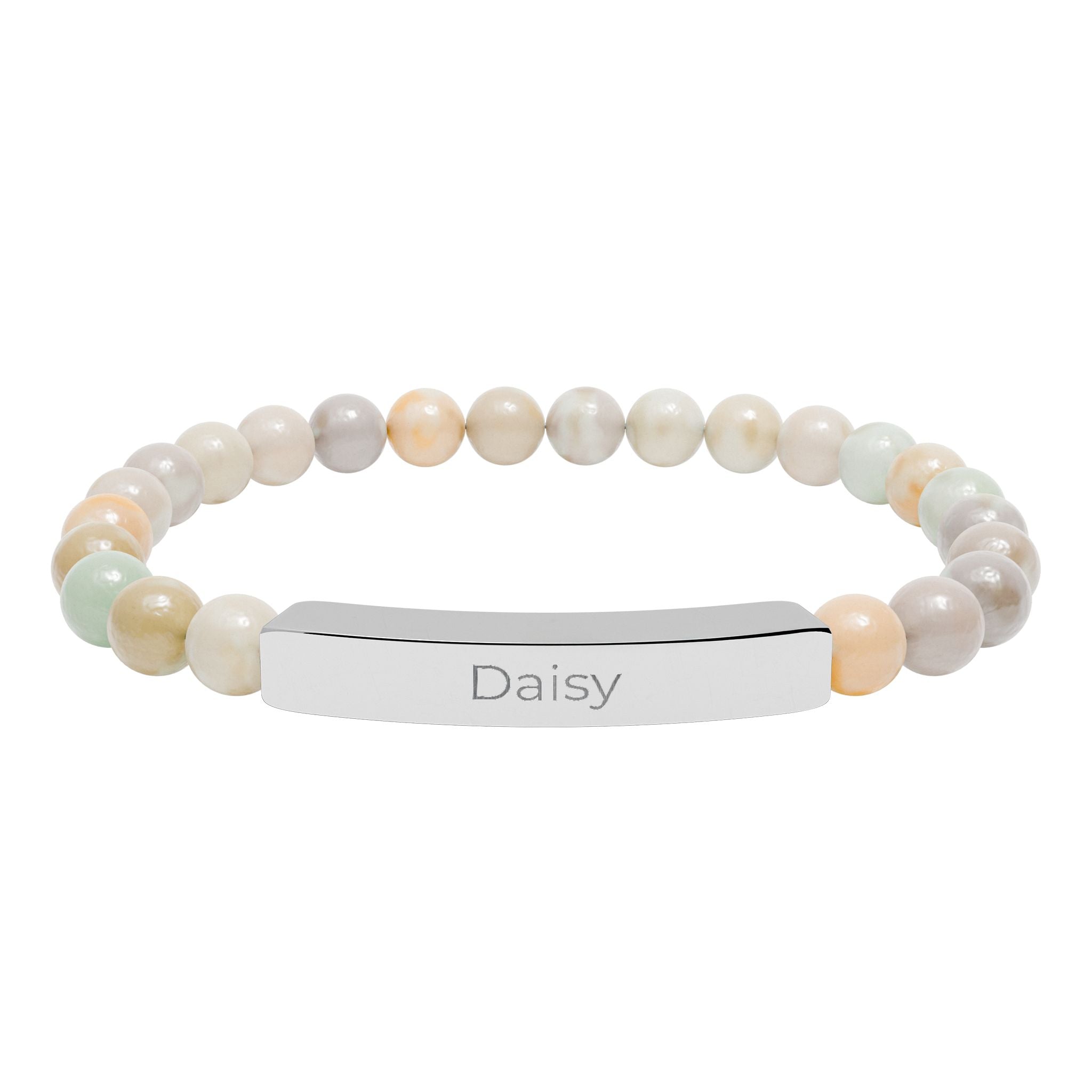Engraved bar bracelet with natural stone beads reading Daisy