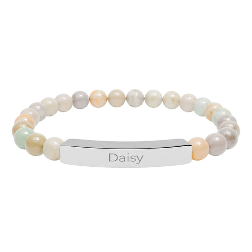 Engraved bar bracelet with natural stone beads reading Daisy