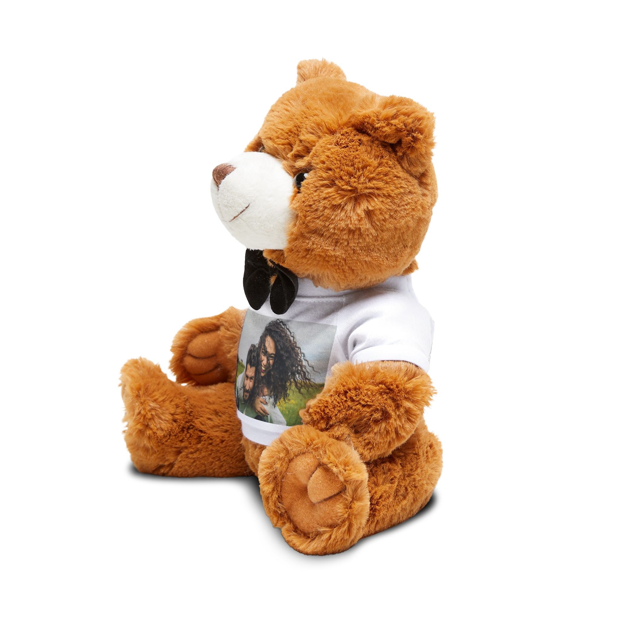 Close-up of the custom photo print on the teddy bear t-shirt