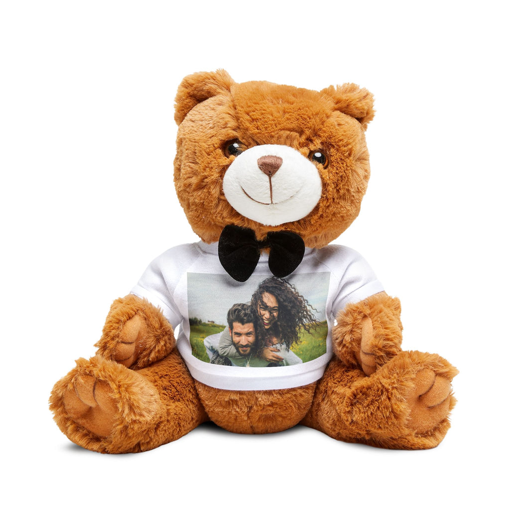 Personalised photo teddy bear wearing a t-shirt printed with a custom photo