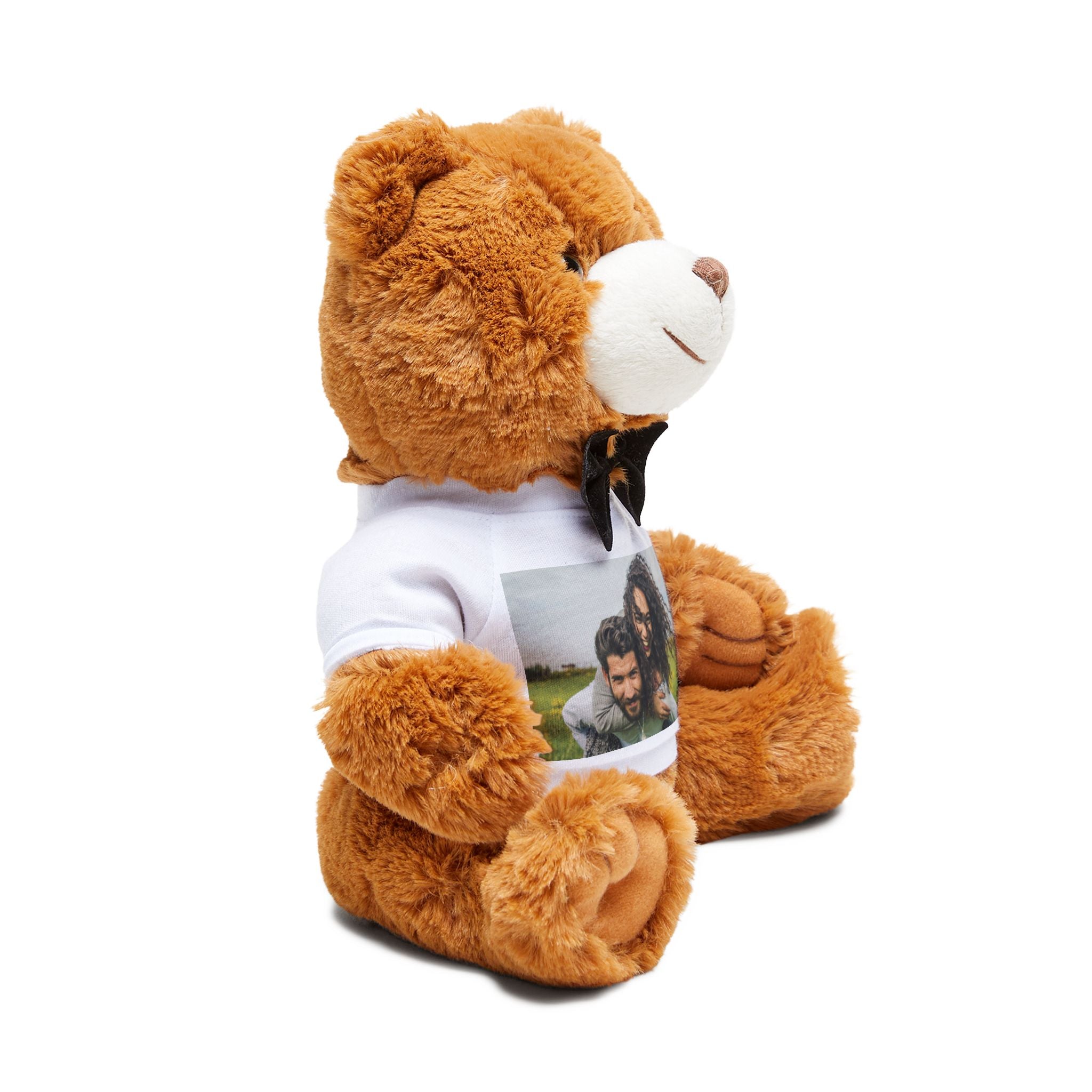 Custom photo teddy bear seated on a living room shelf