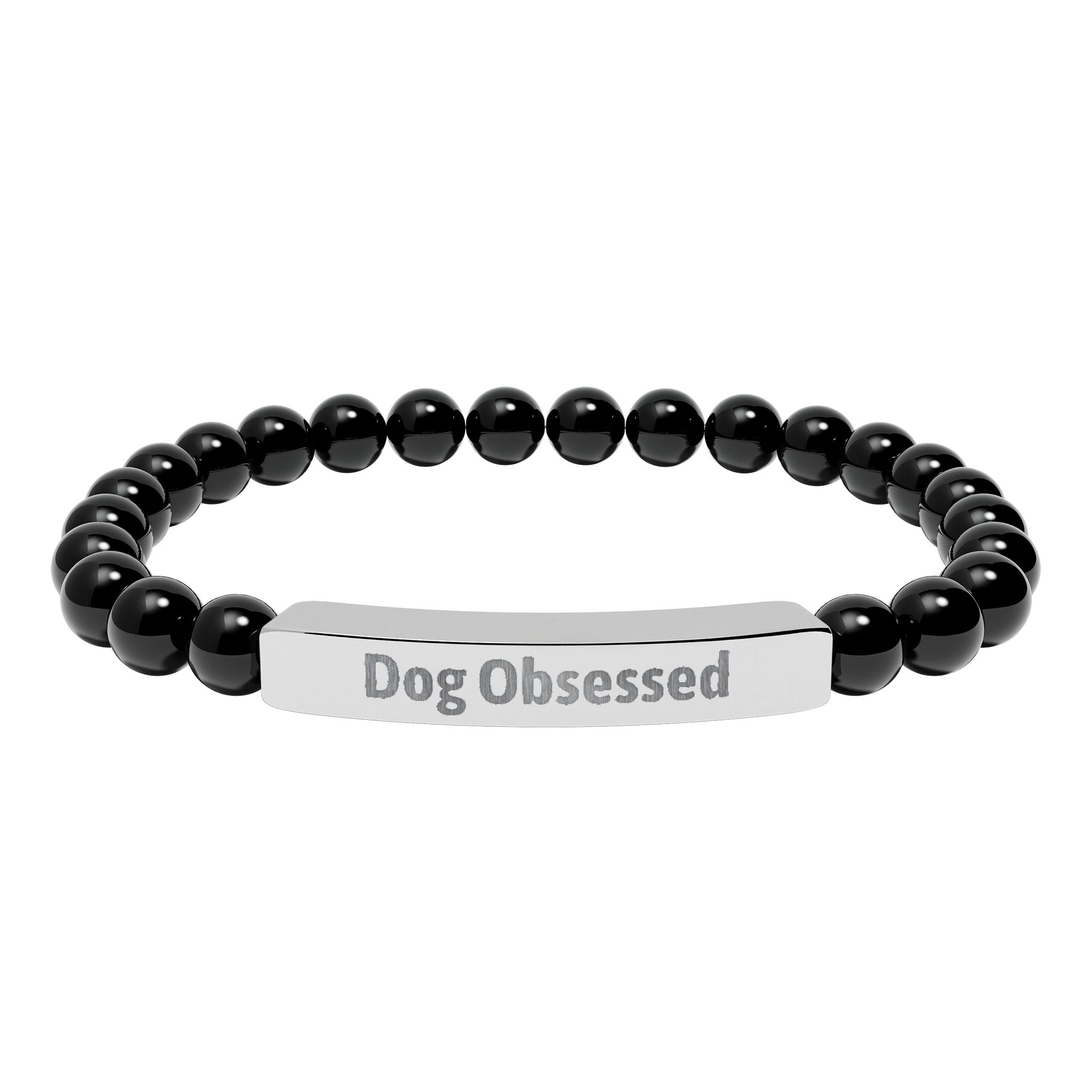 Close-up of the engraved stainless steel bar on the bracelet