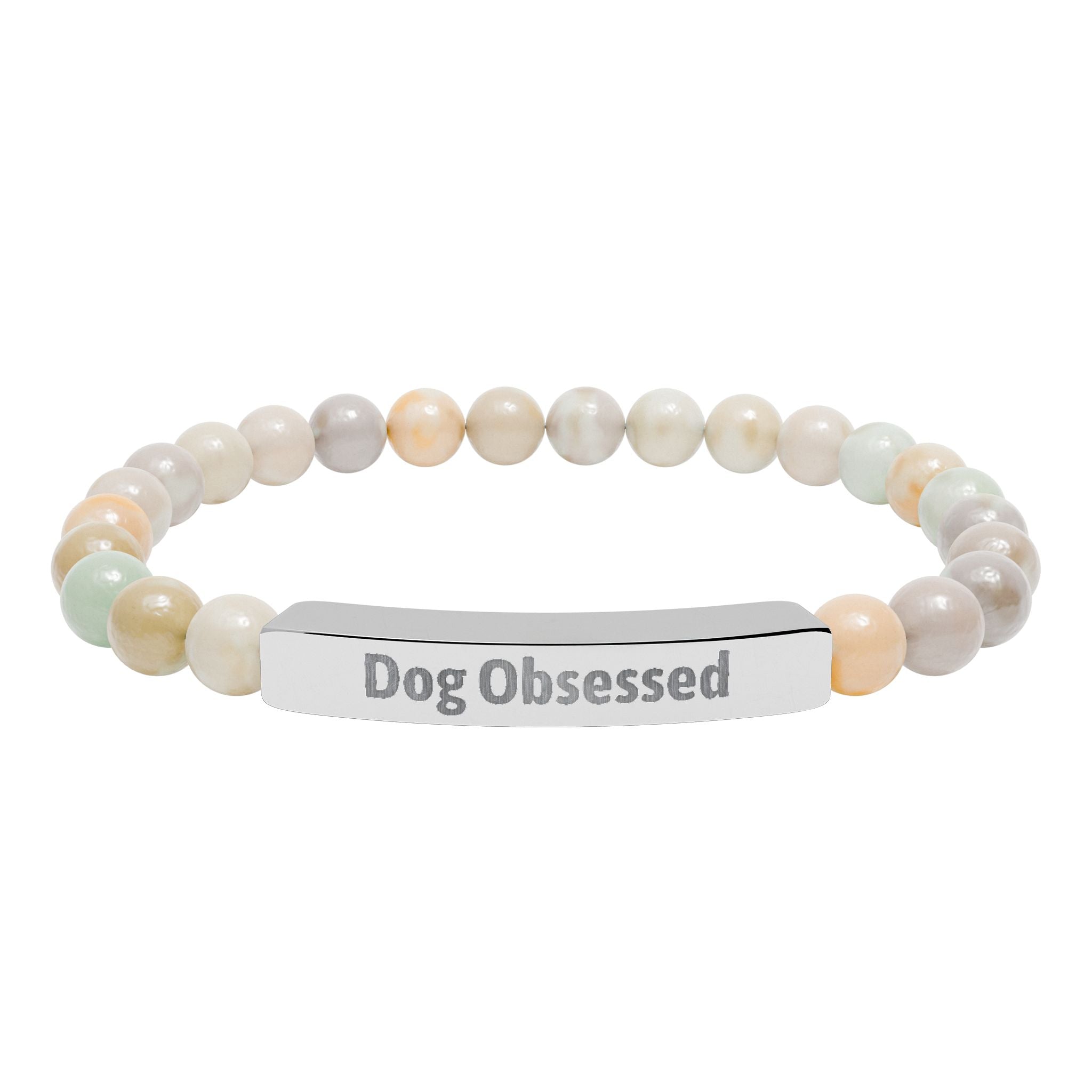 Engraved bar bracelet with natural stone beads reading Dog Obsessed
