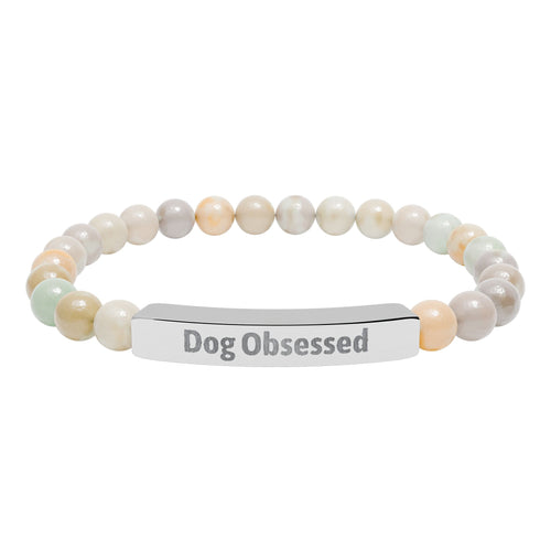Engraved bar bracelet with natural stone beads reading Dog Obsessed