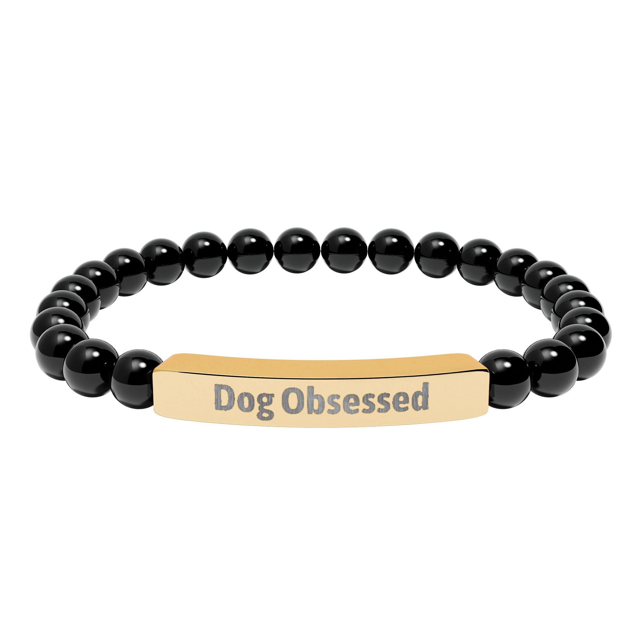 Side angle view of the Dog Obsessed engraved bracelet