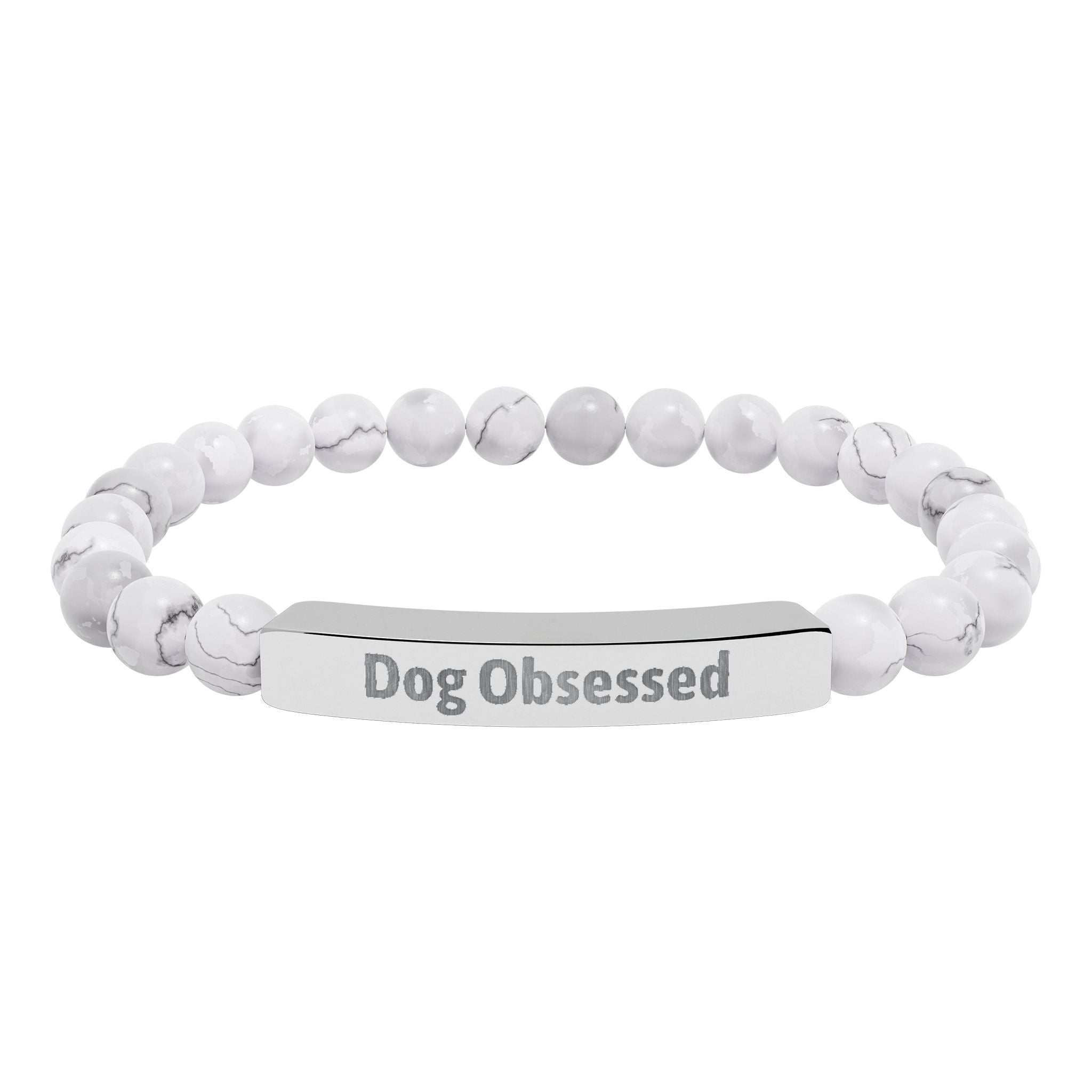 Dog Obsessed bracelet worn on a wrist