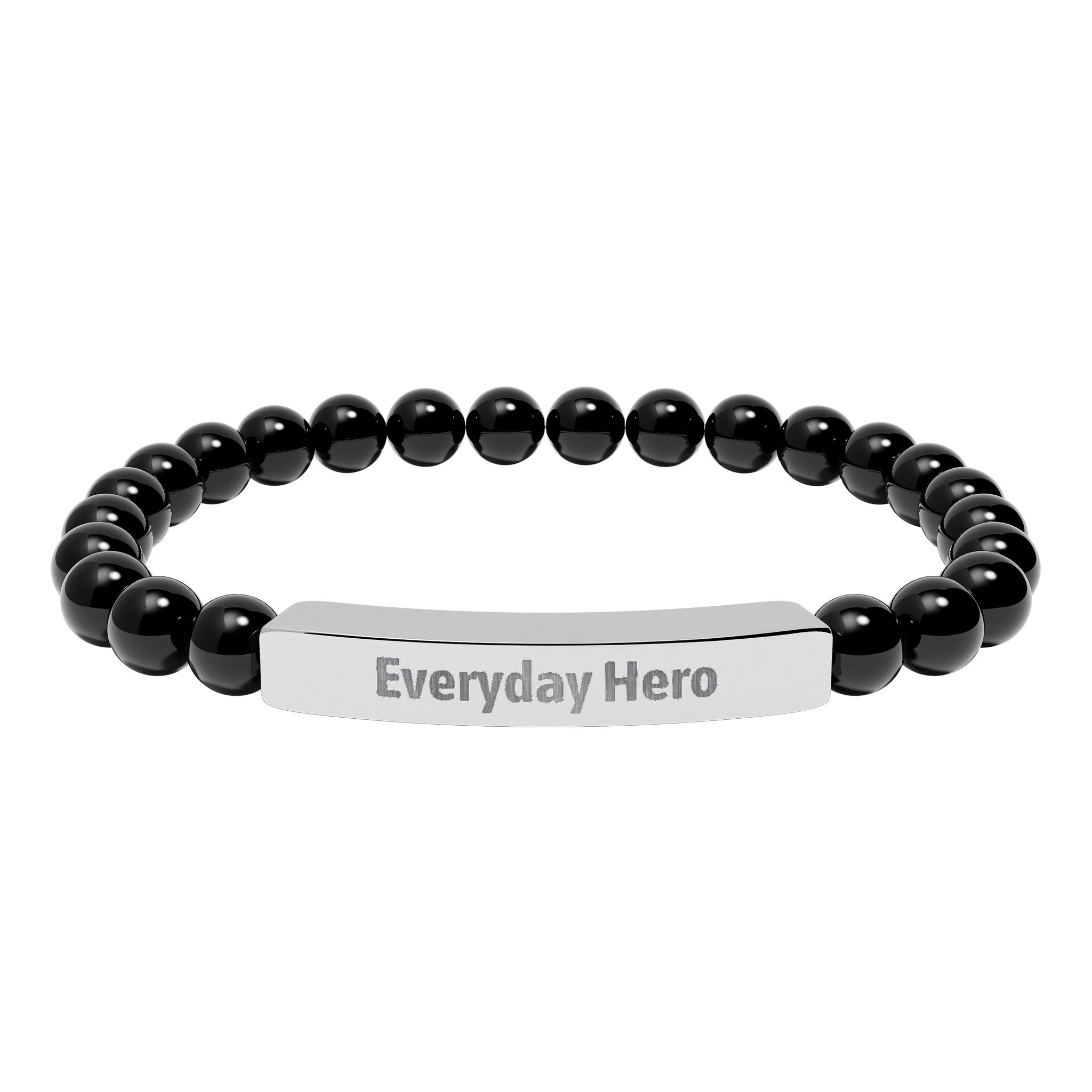 Close-up of the engraved stainless steel bar on the bracelet