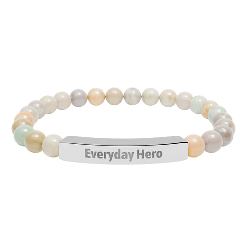 Engraved bar bracelet with natural stone beads reading Everyday Hero