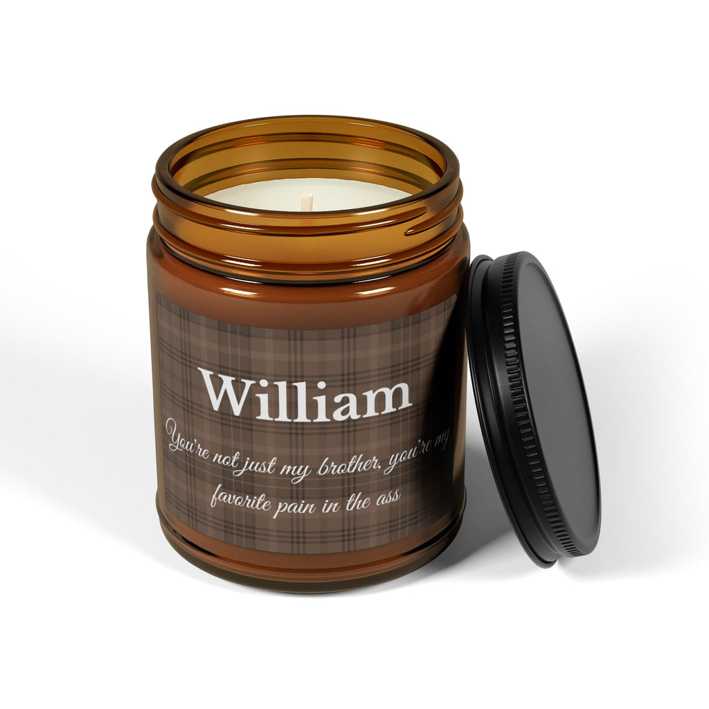 Personalised brother candle on wooden surface – hilarious sibling gift idea