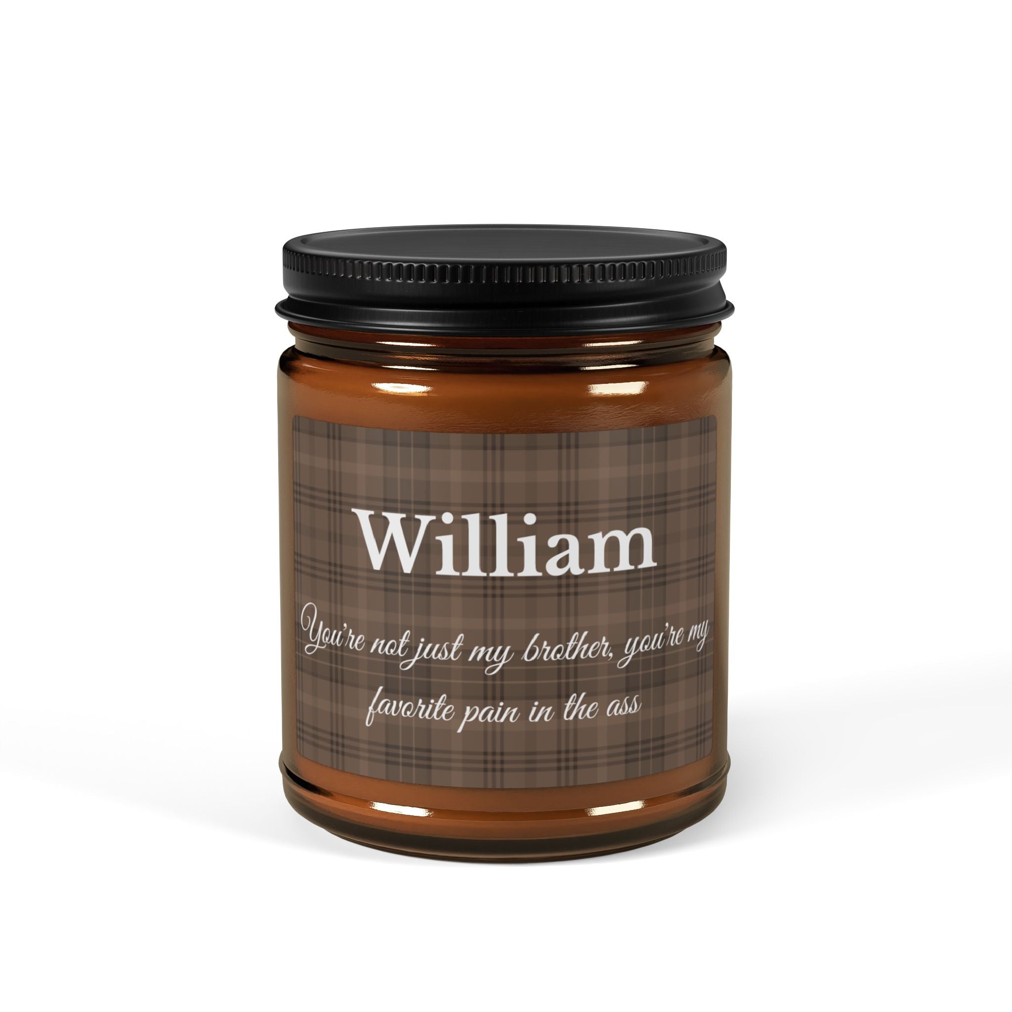 Personalised funny brother candle in amber jar – tartan plaid label with white script name